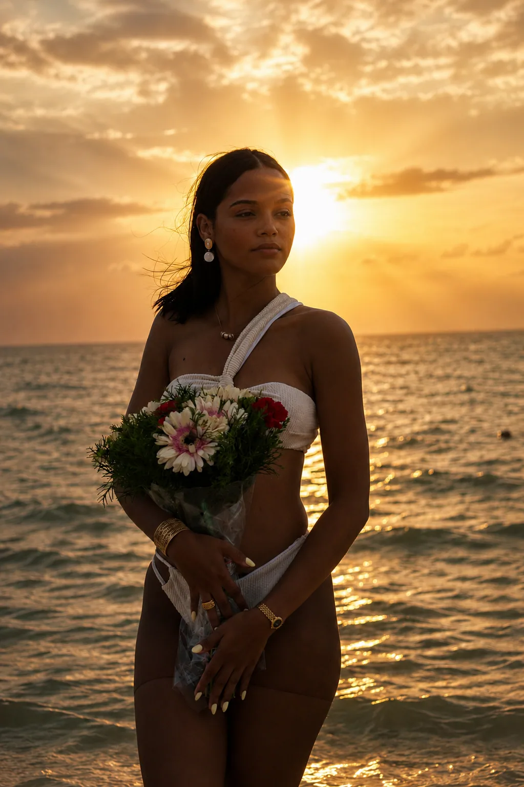 Retrato editorial con ramo frente al atardecer