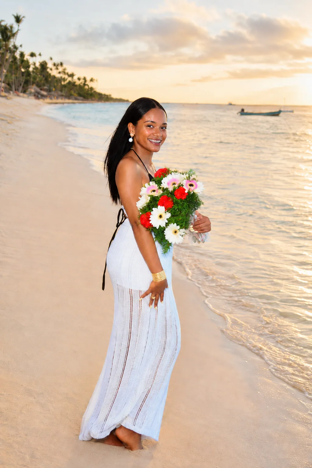 Retrato con vestido blanco y ramo